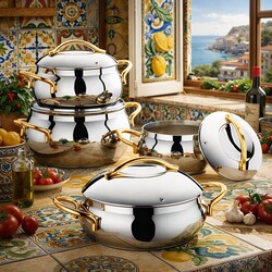 OMS COLLECTION - 1009 - 8 Parça, Paslanmaz Çelik, Küre, Tencere Çeyiz Seti Gold, Altın