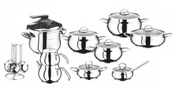 OMS COLLECTION - 1029 - 22 Parça - İndüksiyonlu Ocak Uyumlu, Paslanmaz Çelik Çeyiz Seti, Gümüş Gövde, Gri Detay