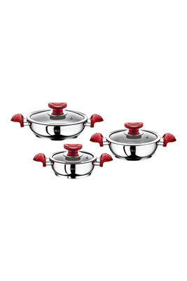 1034 - 6 Parça, Paslanmaz Çelik, İndüksiyonlu, ( 16-18-20 Cm ) Sahan Seti Gümüş Gövde, Kırmızı Detay