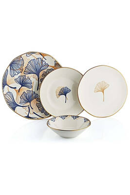 Oms Collection - Blue Ginkgo 24 Parça Premium Kalite Porselen Yemek Takımı Gold ( 11106 )
