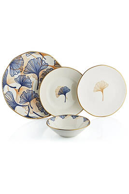 Oms Collection - Blue Ginkgo 24 Parça Premium Kalite Porselen Yemek Takımı Gold ( 11106 )