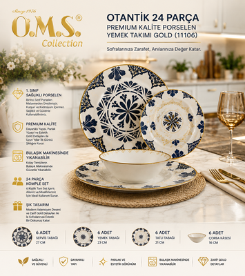 Oms Collection - Otantik 24 Parça Premium Kalite Porselen Yemek Takımı Gold ( 11106 )