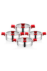 OMS COLLECTION - 1129 - 8 Parça, 1. Sınıf Paslanmaz Çelik, İndüksiyon Uyumlu Tencere Seti, Gümüş Gövde, Kırmızı Detay OMS COLLECTION - 1129 - 8 Parça, 1. Sınıf Paslanmaz Çelik, İndüksiyon Uyumlu Tencere Seti, Gümüş Gövde, Kırmızı Detay