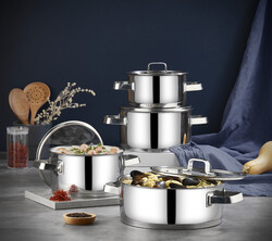 OMS COLLECTION - 1137 - 8 Parça, İndüksiyonlu Ocak Uyumlu, Kalın Taban, Ağır 1. Sınıf Paslanmaz Çelik Tencere Seti, Gümüş Gövde, Gümüş Detay