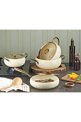 12001 - ALLURE - Pure CERAMIC - 7 Parça - Biogranit, Seramik Tencere, Seti, Krem Gövde, Gold Detay