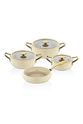 12001 - ALLURE - Pure CERAMIC - 7 Parça - Biogranit, Seramik Tencere, Seti, Krem Gövde, Gold Detay
