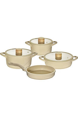 12050 - OYSTER - Pure CERAMIC - 7 Parça - Döküm, Seramik Tencere, Seti, Krem Gövde, Ahşap Detay