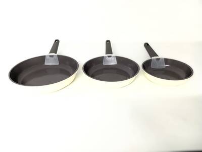 15016 - 3 Parça, İndüksiyonlu Ocak Uyumlu, Döküm, Seramik, ( 20 - 24 - 28 Cm ) Tava Seti Krem Rengi