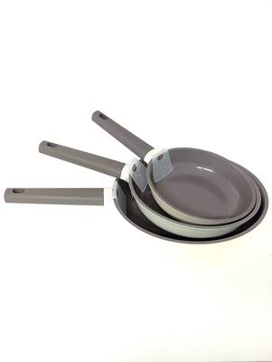 15016 - 3 Parça, İndüksiyonlu Ocak Uyumlu, Döküm, Seramik, ( 20 - 24 - 28 Cm ) Tava Seti Krem Rengi
