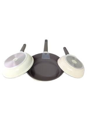 15016 - 3 Parça, İndüksiyonlu Ocak Uyumlu, Döküm, Seramik, ( 20 - 24 - 28 Cm ) Tava Seti Krem Rengi