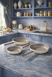 OMS COLLECTION - 15016 - 3 Parça, İndüksiyonlu Ocak Uyumlu, Döküm, Seramik, ( 20 - 24 - 28 Cm ) Tava Seti Krem Rengi