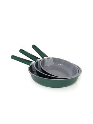 15016 - 3 Parça, İndüksiyonlu Ocak Uyumlu, Döküm, Seramik, ( 20 - 24 - 28 Cm ) Tava Seti Yeşil