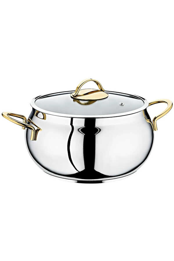 2031 2 Parça Paslanmaz Çelik İndüksiyonlu Çift Kulplu 30x10 Cm 13,5 Litre Çerçeveli Cam Kapaklı Tencere Gold Detay