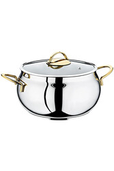 OMS COLLECTION - 2031 2 Parça Paslanmaz Çelik Çift Kulplu 30x10 Cm 13,5 Litre Çerçeveli Cam Kapaklı Tencere Gold Sap