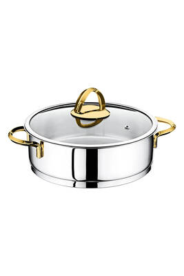 2090-GL - 1. Sınıf Paslanmaz Çelik, İndüksiyonlu Ocak Uyumlu, 24x8 Cm - 3,10 Litre Çelik Tencere Gümüş Gövde, Gold Detay
