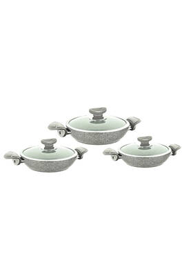 3004 - 6 Parça Bio Granit (18 - 20 - 22 Cm ) Kapaklı, Sahan Takımı Gri Gövde, Gri Detay