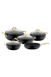 3040 - 9 Parça, Bio Granit, Yapışmaz, Şık, Gösterişli Küre Tencere Set Siyah Simli Gövde ,gold Detay - Thumbnail
