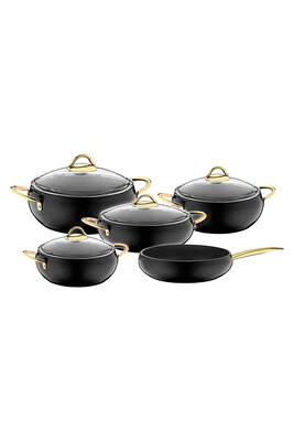 3040 - 9 Parça, Bio Granit, Yapışmaz, Şık, Gösterişli Küre Tencere Set Siyah Simli Gövde ,gold Detay