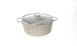 3109 - 2 Parça - Biogranit, 36x14,5 Cm - 13 Litre, Büyük, Derin Tencere Kum Beji Gövde, Platin Detay - Thumbnail