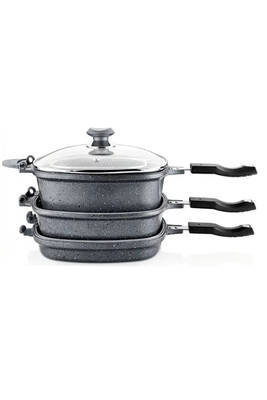 3224 7 Parça Bio Granit Multi Cooker, Çok Amaçlı Tencere Tava Seti 26x26 Cm Gri