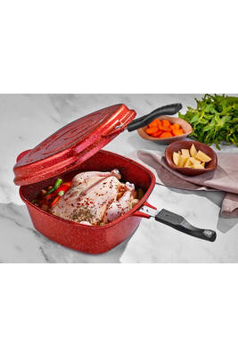 3224 7 Parça Bio Granit Multi Cooker, Çok Amaçlı Tencere Tava Seti 26x26 Cm Kırmızı