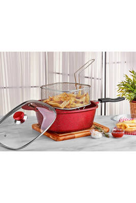 3224 7 Parça Bio Granit Multi Cooker, Çok Amaçlı Tencere Tava Seti 26x26 Cm Kırmızı