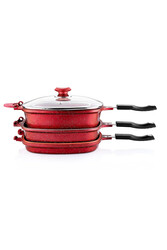 3224 7 Parça Bio Granit Multi Cooker, Çok Amaçlı Tencere Tava Seti 26x26 Cm Kırmızı - Thumbnail
