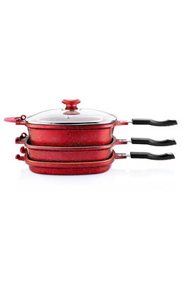 3224 7 Parça Bio Granit Multi Cooker, Çok Amaçlı Tencere Tava Seti 26x26 Cm Kırmızı