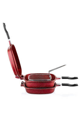 3224 7 Parça Bio Granit Multi Cooker, Çok Amaçlı Tencere Tava Seti 26x26 Cm Kırmızı