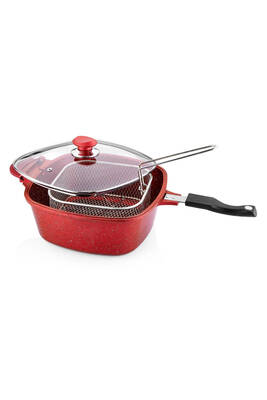 3224 7 Parça Bio Granit Multi Cooker, Çok Amaçlı Tencere Tava Seti 26x26 Cm Kırmızı