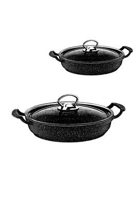 3286 - 4 Parça, Biogranit, Döküm, Isıya Dayanıklı Cam Kapaklı, ( 18 - 22 Cm ) Sahan, Seti, Siyah