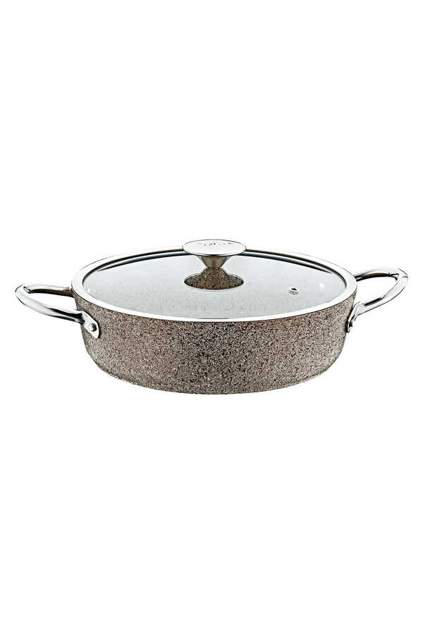 3316 - 2 Parça, Bio Granit, İndüksiyonlu, 26x7,5 Cm-3,2 Litre Basık Tencere K.bej Gövde,platin Detay