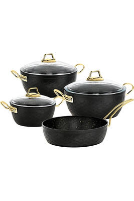3542 - MERMAID SETS - 7 Parça, Biogranit, Geniş Taban, Tencere Seti Siyah Gövde, Gold Detay