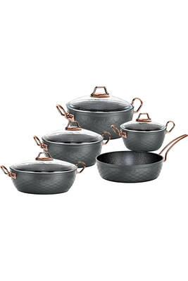 3543 - MERMAID SETS - 9 Parça, Biogranit, Geniş Taban, Tencere Seti Antrasit Gövde, Bakır Detay