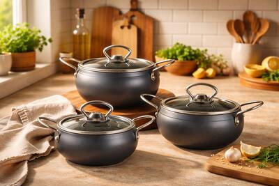 3554 - 6 Parça, Bio Granit, Sağlıklı, Mini Küre Mama, Çorba Tencere Seti Antrasit Renk