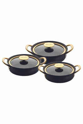 3724 - 6 Parça, Bio Granit, Sağlıklı, Bakraç Model Sahan Seti Siyah Gövde, Gold Detay