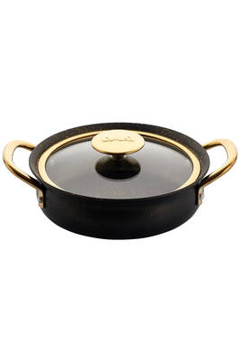 3724 - 6 Parça, Bio Granit, Sağlıklı, Bakraç Model Sahan Seti Siyah Gövde, Gold Detay