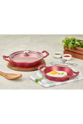 3726 - 4 Parça, (18-22 Cm) - Cam Kapaklı, Bio Granit, Döküm, Sahan Seti Kırmızı Gövde, Platin Detay