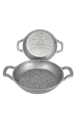 3728 - 2 Parça - Döküm, Bio Granit, ( 16 ve 20 Cm ) Sahan Seti, Gri Renk
