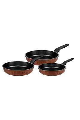3737 - 3 Parça, Bio Granit, Sağlıklı, Modern Model, Tava Seti Bronz Gövde, Siyah Detay