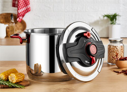 OMS COLLECTION - 5106 - 2 Parça, İndüksiyonlu, Matik, 26 Cm - 14 Litre Düdüklü Tencere Gümüş - Kırmızı Renk