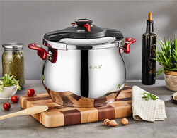 OMS COLLECTION - 5107 - 2 Parça, İndüksiyonlu, Matik, 26 Cm - 12 Litre Düdüklü Tencere Gümüş - Kırmızı Renk