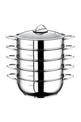 OMS COLLECTION - 6090-c - 6 Parça Paslanmaz Çelik, Cam Kapaklı 34x10 Cm - 8 Litre Buharlı Pişirici, Mantı Tenceresi