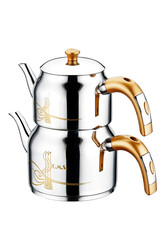 OMS COLLECTION - 8043 L 4 Parça Paslanmaz Çelik Osmanlı Tuğralı Çaydanlık Gold OMS COLLECTION - 8043 L 4 Parça Paslanmaz Çelik Osmanlı Tuğralı Çaydanlık Gold