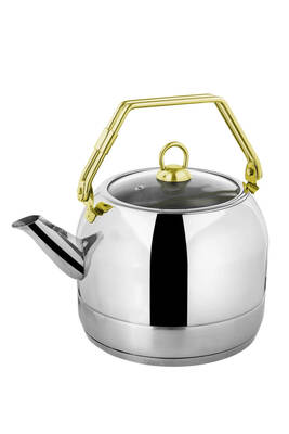 8078 - ( XL ) 5 Litre - 2 Parça, Paslanmaz Çelik, İndüksiyonlu, Bitki Çaydanlığı, Gümüş Gövde, Gold Detay