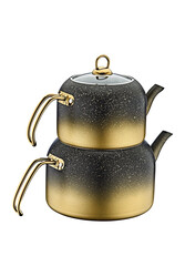 OMS COLLECTION - 8250 Xl Andiamo 4 Parça Bio Granit Çerçeveli Cam Kapaklı Çaydanlık Gold