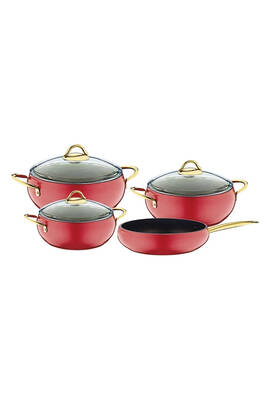 Elegant - 3039 -7 Parça, Bio Granit, Tencere, Tava, Çeyiz Seti, Simli Kırmızı Gövde, Gold Detay