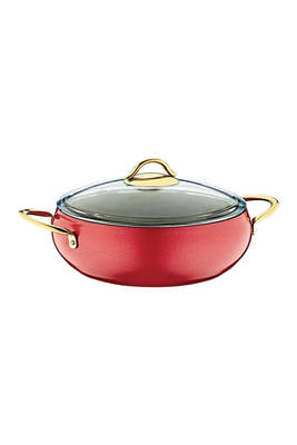 Elegant - 3039 -7 Parça, Bio Granit, Tencere, Tava, Çeyiz Seti, Simli Kırmızı Gövde, Gold Detay