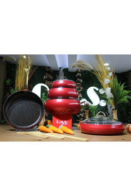 Elegant - 3040 - 9 Parça Bio Granit, Simli Parlak Kaplama Tencere, Tava Çeyiz Seti Kırmızı Renk