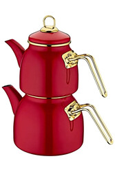 OMS COLLECTION - Emaye 10800 Harem 3 Parça Paslanmaz Çelik Emaye Çaydanlık Kırmızı Kırmızı